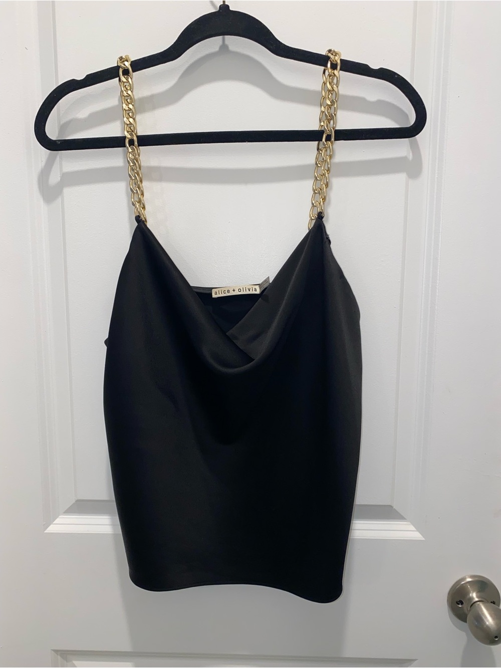 Alice + Olivia Black Satin Cowl Neck Top with Chain Accent